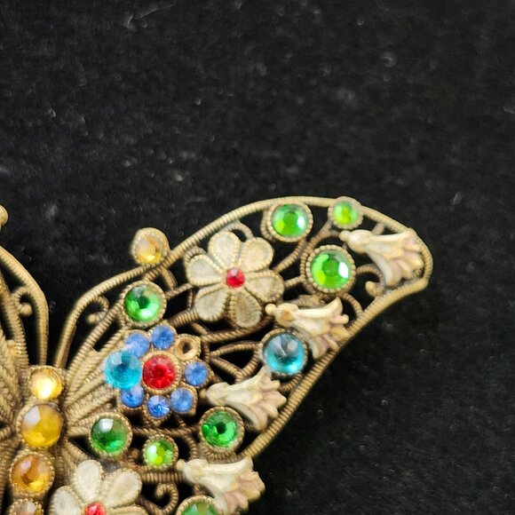 Vintage Filigree Butterfly w Jewelled Flowers & Accents - Picture 3 of 8